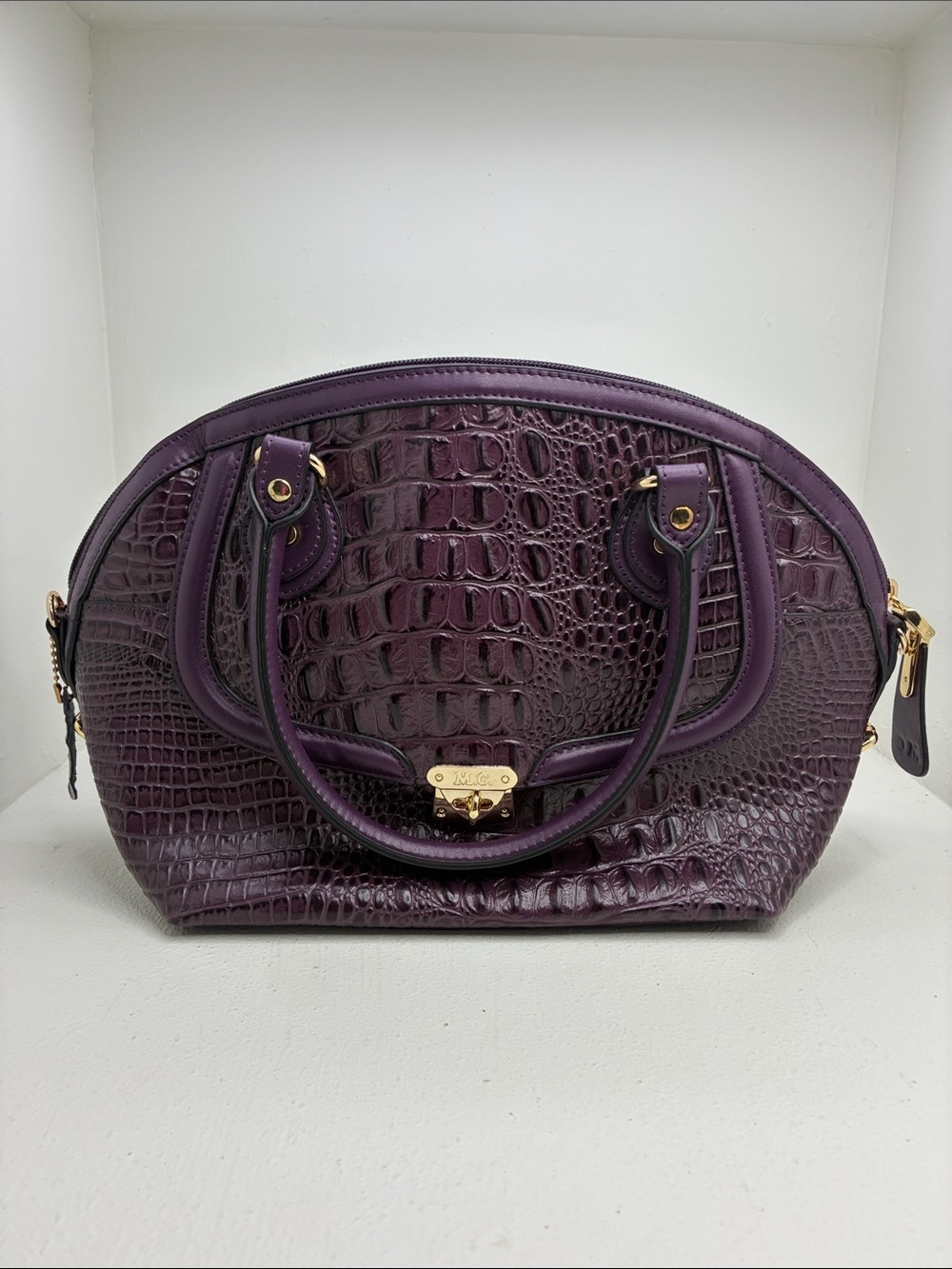 MC Marc Chantal Croc-Embossed Dome Satchel in Deep Purple with Gold Hardware